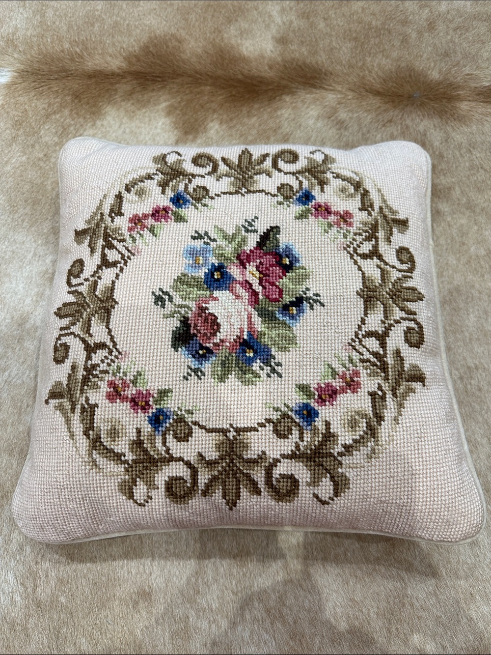 Floral Needlepoint Accent Pillow in cream color base